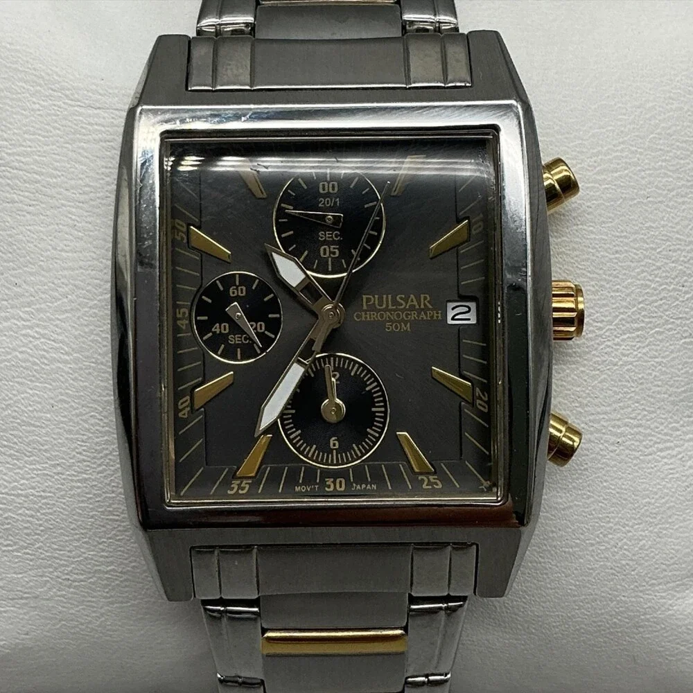 Pulsar YM92-X082 Mens Watch 34mm Chronograph Two Tone Bracelet New Battery 8.25